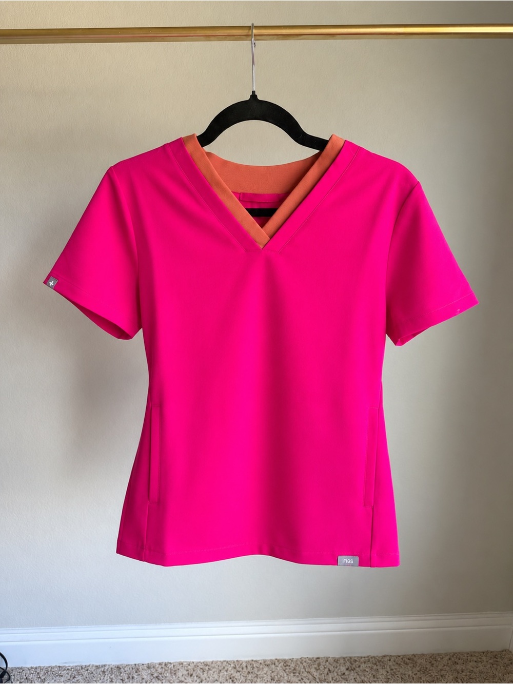 Figs Women's V-Neck Top in Bright Pink with Coral Trim